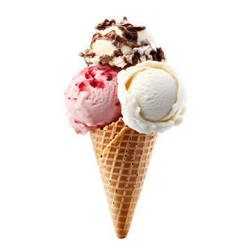 ice cream cone with three scopes flavors vanilla, cookie, strawberry on transparent background