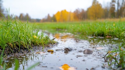 Autumnal puddle in grassy field with fallen leaves.