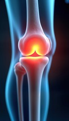 3D illustration of human knee joint inflammation pain in joint area. Detailed anatomical structure shows bones ligaments, cartilage. Digital artwork captures medical detail with colorful bone,
