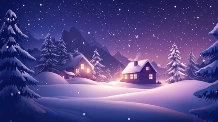 Naklejka premium a snowy night with a house and trees