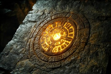 Fototapeta premium Glowing stone carving; ancient symbols; dark background.