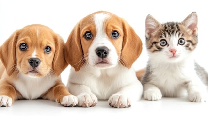 A cute trio of puppies and a kitten posing together on a white background.