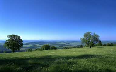 Obraz premium 23 Clear sky, hill, blue landscape photo_A beautiful landscape photo of a clear, transparent blue sky, trees, and green fields.