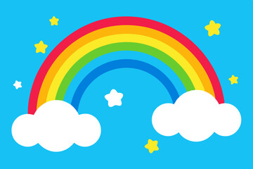 Playful Cloud and Rainbow Background with Cartoon Stars in a Bright Blue Sky