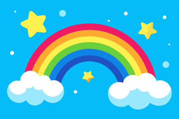 Playful Cloud and Rainbow Background with Cartoon Stars in a Bright Blue Sky