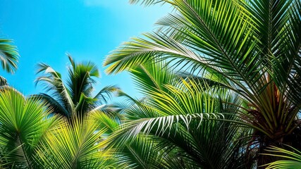 Fototapeta premium Tropical palm leaves in vibrant green colors against a bright blue sky, perfect for adding a pop of tropical freshness to any design project, lush, sunny