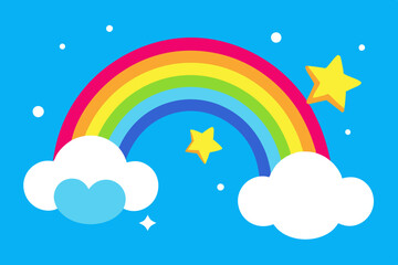 Playful Cloud and Rainbow Background with Cartoon Stars in a Bright Blue Sky
