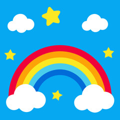 Playful Cloud and Rainbow Background with Cartoon Stars in a Bright Blue Sky