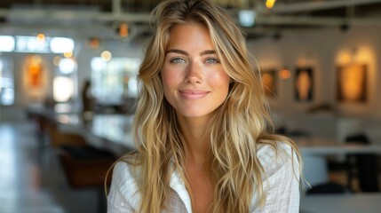 Fototapeta premium A smiling woman with long hair poses in a bright, artistic space.