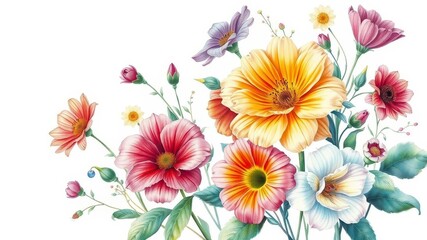 Fototapeta premium Vibrant watercolor illustration of colorful flowers in bloom on a white background, nature, botanical, painting