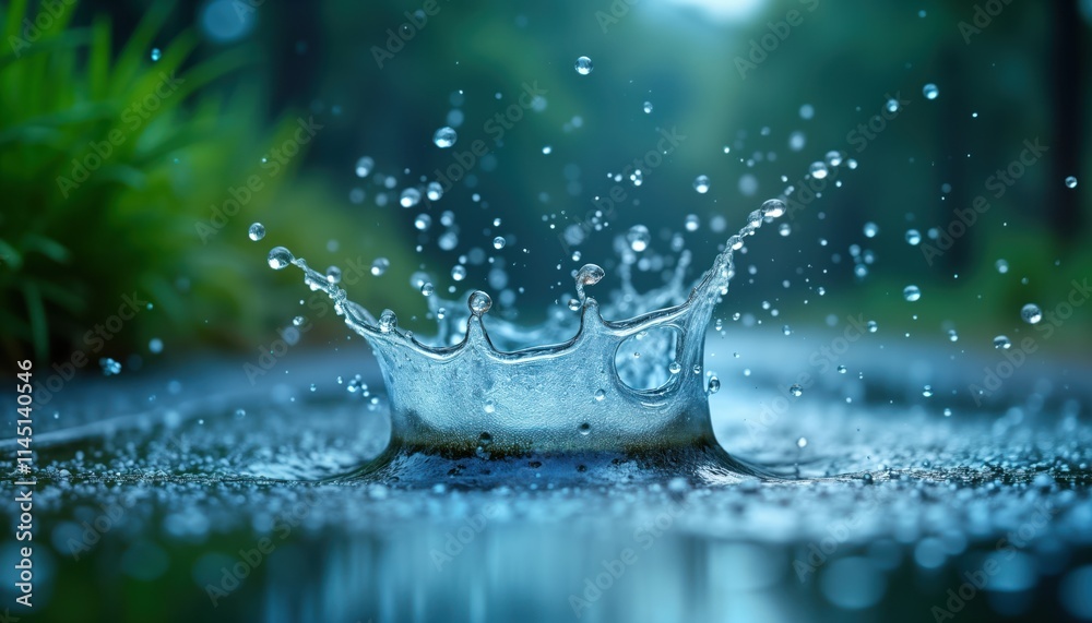 Poster Water droplets fall, create splashes on ground. Water forms intricate patterns, shapes. Nature scene shows liquid movement. Abstract photo of water. Clean, clear water droplets. Water drops on wet