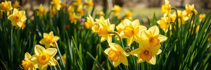 Obraz premium Vibrant yellow daffodil flowers swaying in a sunlit field, beautiful, flora
