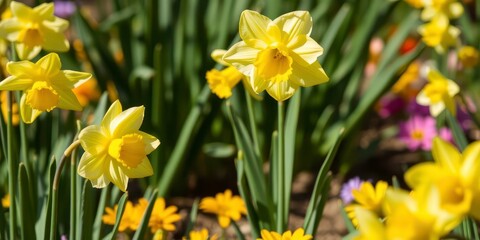 Vibrant yellow daffodil flowers blooming in a lush green field, sunny, yellow