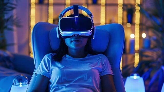 Young woman is sitting in a comfortable chair, wearing a vr headset and experiencing a brain boosting program in a room illuminated with blue light