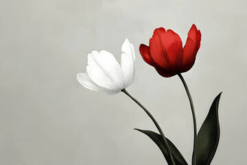 Delicate red and white tulips showcase elegance against a soft, neutral backdrop