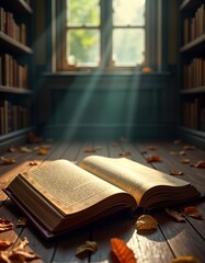 Old book lies open on wooden floor in abandoned library. Sunlight streams through broken windows creating nostalgic atmosphere. Fallen leaves surround book. Tranquil scene evokes themes of history,