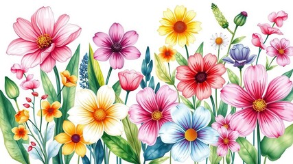 Watercolor illustration of various colorful flowers in full bloom, season, growth