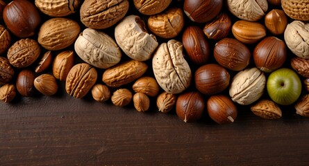 Various nuts background to view on wooden background with copy space