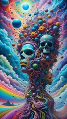 Colorful surreal illustration of skulls and abstract elements