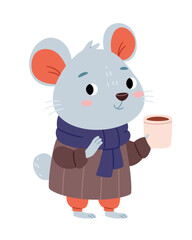 Cute children's character mouse in warm clothes holding a cup of coffee, tea or cocoa.