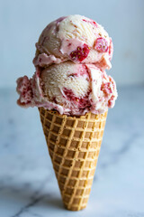 A waffle cone filled with three scoops of ice cream on top of a table
