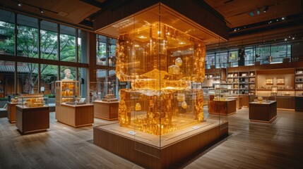 A spacious exhibit featuring illuminated glass displays showcasing various artifacts.