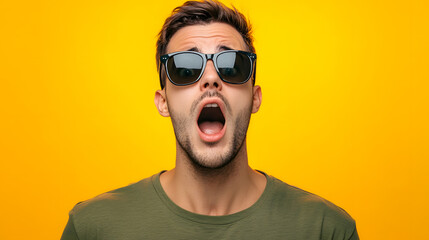Obraz premium A young man wearing sunglasses, surprised and shocked against an isolated background.