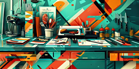 Stylized Kitchen Countertop with Appliances and Utensils