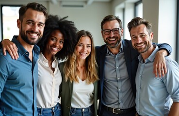 Happy diverse business people embrace in office. Teamwork success. Smiling colleagues in casual office. Looking at camera with confident expressions. Successful, friendly business partners. Modern