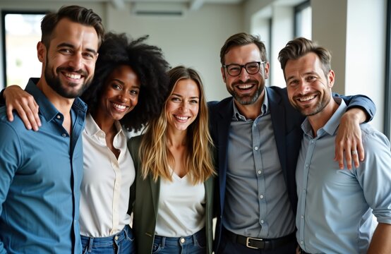 Happy diverse business people embrace in office. Teamwork success. Smiling colleagues in casual office. Looking at camera with confident expressions. Successful, friendly business partners. Modern