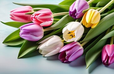 Obraz premium A colorful arrangement of tulips in pink, white, purple, and yellow hues with fresh green leaves, set against a soft blue background, perfect for spring and floral-themed designs