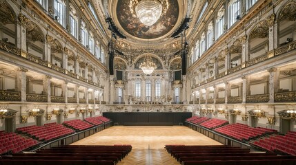 Obraz premium Elegant concert hall with ornate architecture and seating for performances.