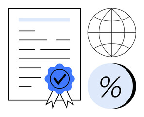 Certificate with approval badge, globe, and percentage icon representing global business, validation, achievement, finance, scholarship, and international certification. Ideal for presenting business