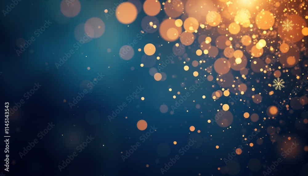 Poster abstract gold particles shine on dark blue background. glowing light creates festive magical atmosph