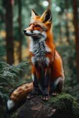 A red fox sitting on a log in the woods