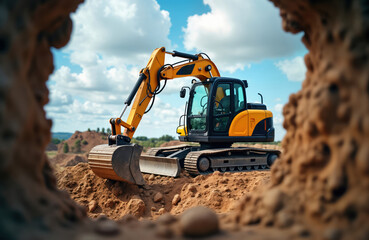 Yellow mini excavator works at construction site. Machine digs earth in pit. Cloudy blue sky above. Construction equipment helps building project. Earthworks activity outdoors. Sunny day at