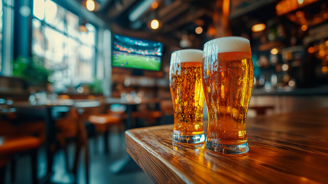Two cold beers on a wooden table in a cozy bar with a television showing a soccer game in the background. 