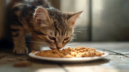 Kitten eating from a white dish on a rustic wooden table in a warmly lit kitchen highlighting a homey and cozy feeding moment