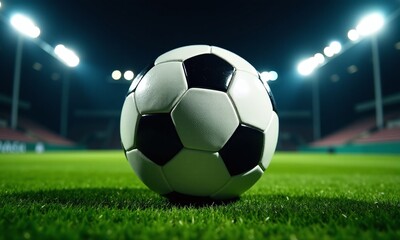 Fototapeta premium Soccer ball artificial turf nighttime floodlights dramatic lighting