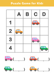 Grid References Worksheet for Kids. Write the coordinates of each picture. Locating Objects on a Grid Activity Sheet. Education game for children with cute car illustration. Puzzle Game.