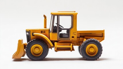 Yellow toy bulldozer with bucket isolated on white background.