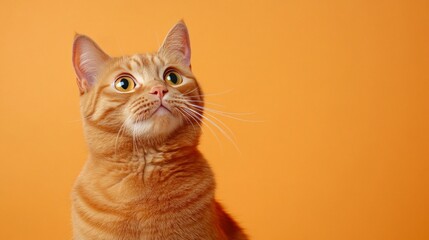 Ginger tabby cat sitting against a vibrant orange background highlighting its warm fur tones in a clean and minimalist studio setting