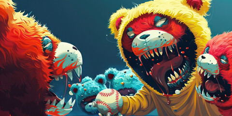Fototapeta premium Digital Illustration of Three Aggressive Stylized Teddy Bears and Baseball