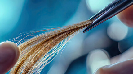 strand hair close-up in tweezers, scientist, laboratory assistant, examines hair sample for DNA analysis, concept innovation in modern science, paternity test