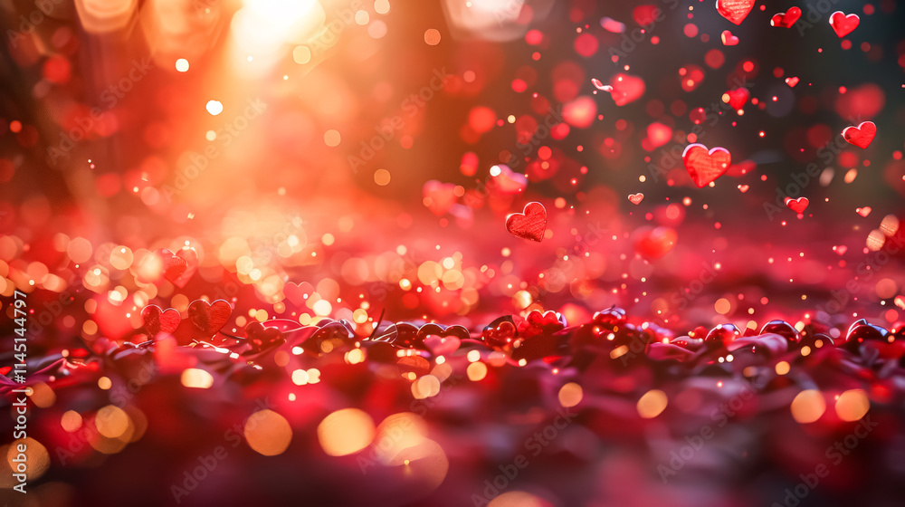 Wall mural red background with many hearts scattered across it. the hearts are small and shiny, and they are sp