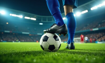 Soccer player s foot on ball close up