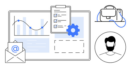 Envelope with symbol, clipboard with checklist, line graph, cogwheel, briefcase, and user profile icon. Ideal for business, project management, communication, productivity, office tools