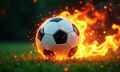 Fototapeta premium Soccer ball on fire flames rising glowing energy