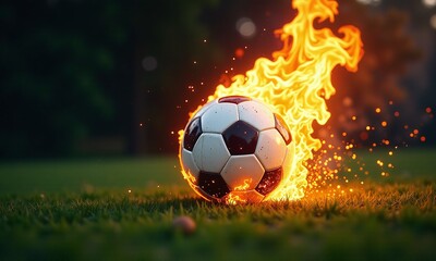 Fototapeta premium Soccer ball on fire flames rising glowing energy