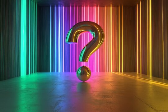 Metallic question mark, vibrant neon backdrop. - Powered by Adobe